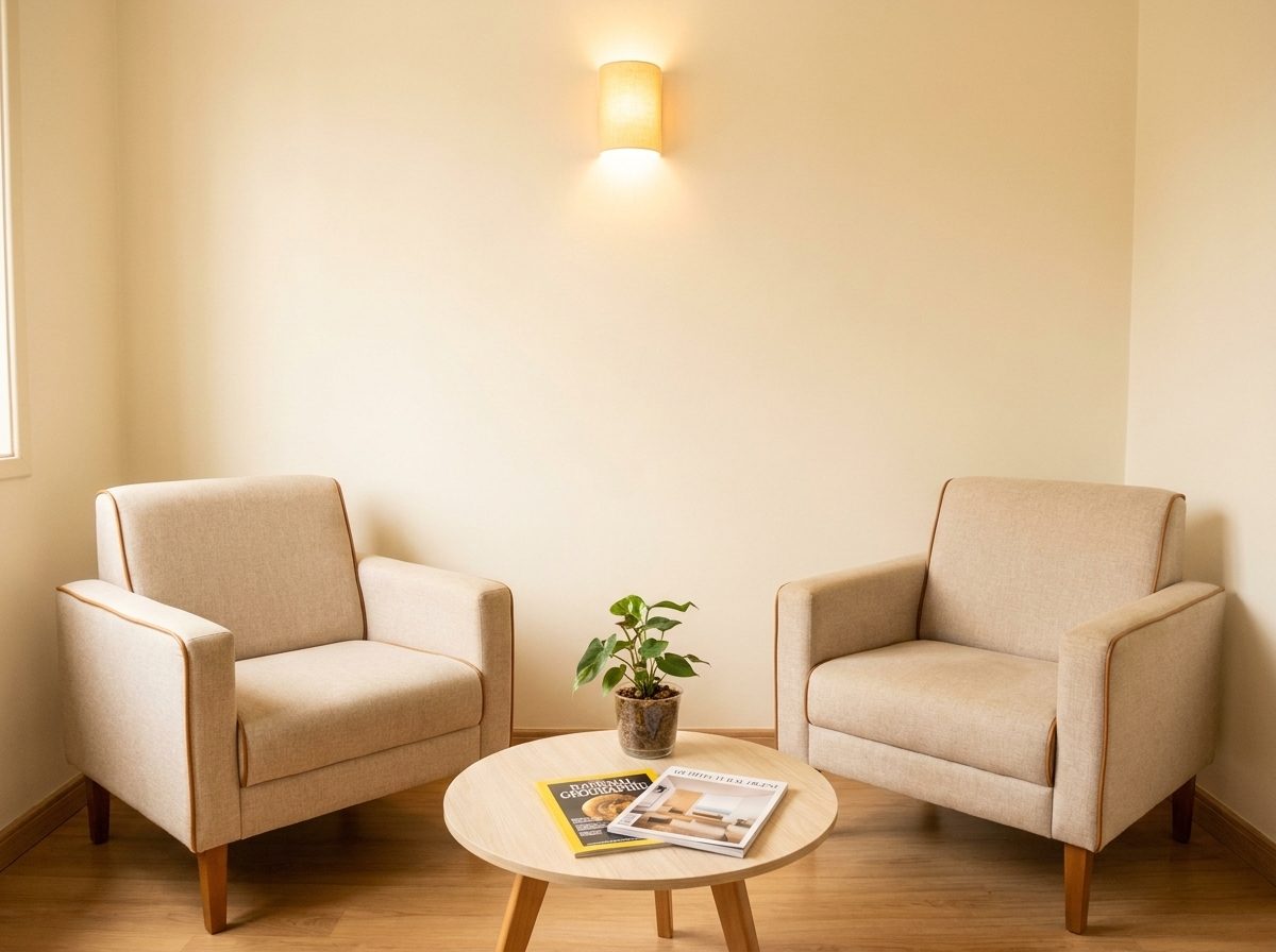 A sala de espera, com duas poltronas e uma mesinha